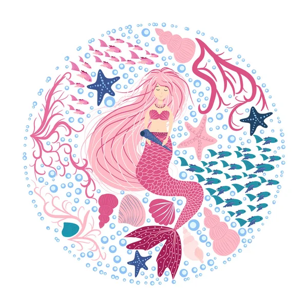 Karikatur Schöne Meerjungfrau Mit Sich Entwickelnden Haaren Einem Kreis Von — Stockvektor