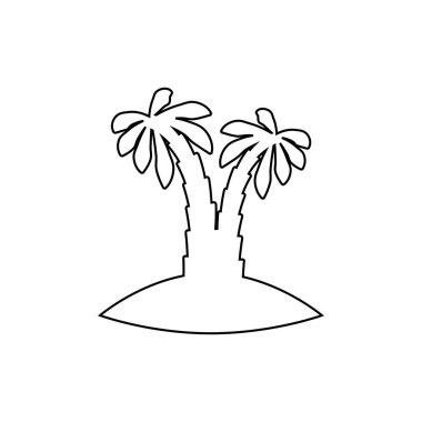 Bitkileri, palmiye ağaçları ve beyaz arka planda izole siyah siluetleri olan tropik deniz adası.