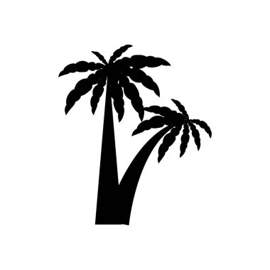 Yaprakları olan tropik palmiye ağaçları, olgun ve genç bitkiler, beyaz arka planda izole siyah siluetler