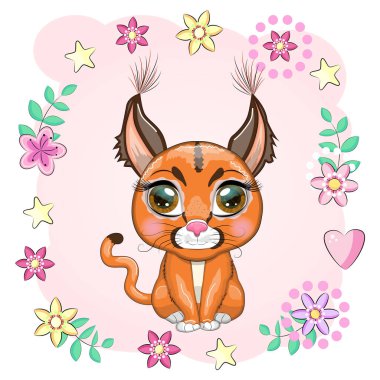 Çizgi film tarzında güzel gözleri olan karakteristik bozkır vaşağı, çocuklar için renkli çizimler. Karakteristik kulakları, benekleri ve renkleri olan bir kedi.