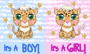 Tatlı kız ve oğlanla bebek partisi tebrik kartı. Çizgi film tarzında güzel gözleri olan leopar, çocuklar için renkli çizimler. Karakteristik noktaları ve renkleri olan leopar bir kedi.