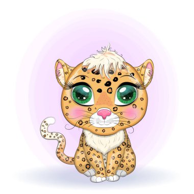 Çizgi film tarzında güzel gözleri olan leopar, çocuklar için renkli çizimler. Karakteristik noktaları ve renkleri olan leopar bir kedi.