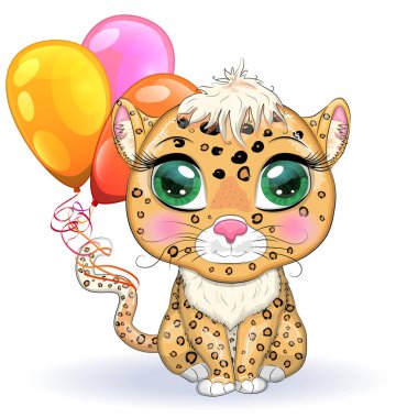 Çizgi film tarzında güzel gözleri olan leopar, çocuklar için renkli çizimler. Karakteristik noktaları ve renkleri olan leopar bir kedi.