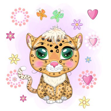 Çizgi film tarzında güzel gözleri olan leopar, çocuklar için renkli çizimler. Karakteristik noktaları ve renkleri olan leopar bir kedi.