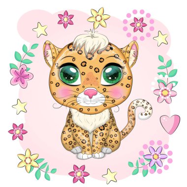 Çizgi film tarzında güzel gözleri olan leopar, çocuklar için renkli çizimler. Karakteristik noktaları ve renkleri olan leopar bir kedi.