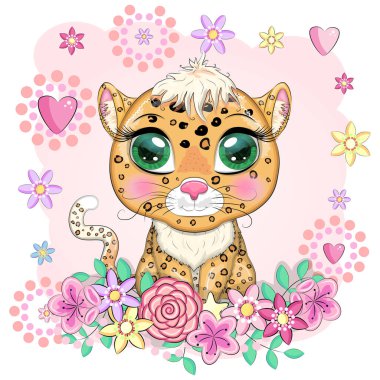 Çizgi film tarzında güzel gözleri olan leopar, çocuklar için renkli çizimler. Karakteristik noktaları ve renkleri olan leopar bir kedi.