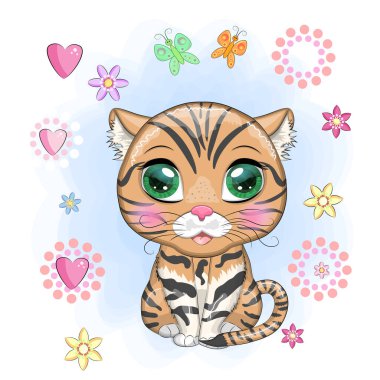 Çizgi film tarzında güzel gözleri olan siyah ayaklı bir kedi. Çocuklar için renkli bir tasvir. Felis nigripes kedi karakteristik benekleri ve renkleri ile