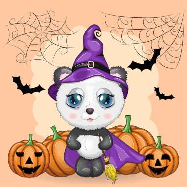 Mor bir cadının şapkası ve kabaklı peleriniyle çizgi film pandası örümcek ağı, kale, ay ve ağaçların arkasında. Cadılar Bayramı posteri