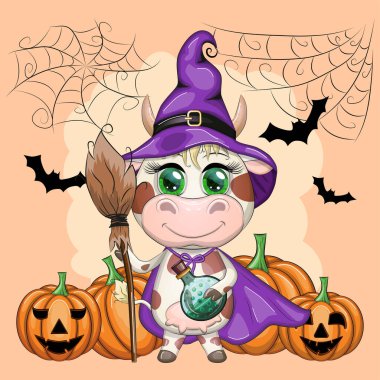 Çizgi film ineği, iksirli boğa ve mor cadı şapkalı süpürge ve kalenin arka planında pelerin, balkabağı, ay. Cadılar Bayramı posteri