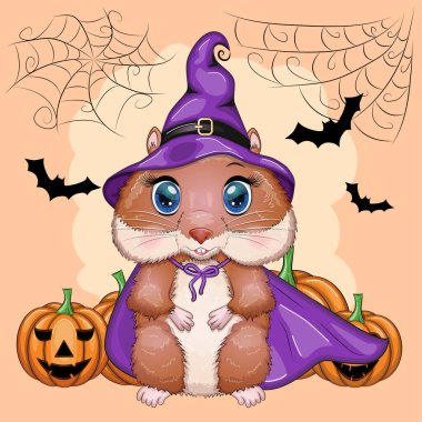 Mor cadı şapkası ve peleriniyle süpürge, iksir ya da balkabağı takan çizgi film hamsterı. Kalenin, ayın, uçan farelerin arka planına karşı. Cadılar Bayramı posteri