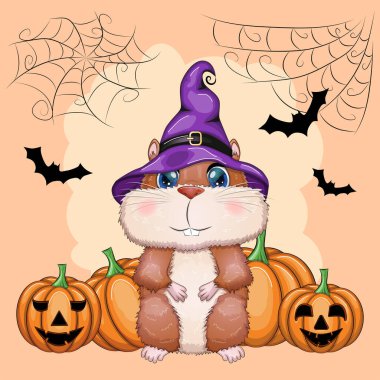 Mor cadı şapkası ve peleriniyle süpürge, iksir ya da balkabağı takan çizgi film hamsterı. Kalenin, ayın, uçan farelerin arka planına karşı. Cadılar Bayramı posteri