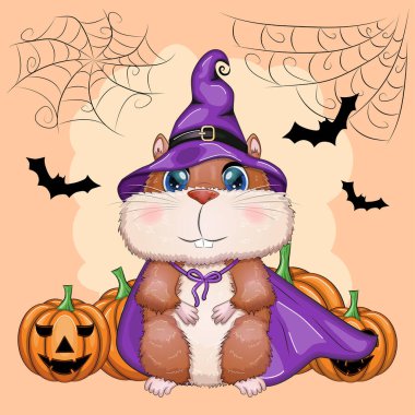 Mor cadı şapkası ve peleriniyle süpürge, iksir ya da balkabağı takan çizgi film hamsterı. Kalenin, ayın, uçan farelerin arka planına karşı. Cadılar Bayramı posteri