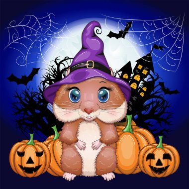 Mor cadı şapkası ve peleriniyle süpürge, iksir ya da balkabağı takan çizgi film hamsterı. Kalenin, ayın, uçan farelerin arka planına karşı. Cadılar Bayramı posteri