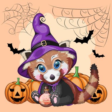 Mor bir cadının şapkasındaki kırmızı panda ve kabaklı pelerin, örümcek ağı, kale, ay ve ağaçların arka planında. Cadılar Bayramı posteri