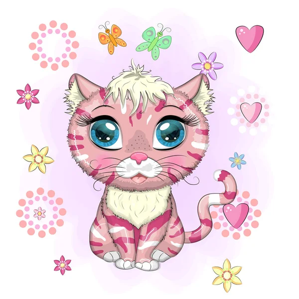 Gato Rosado Manchado Con Hermosos Ojos Entre Flores Globos Estilo — Vector de stock