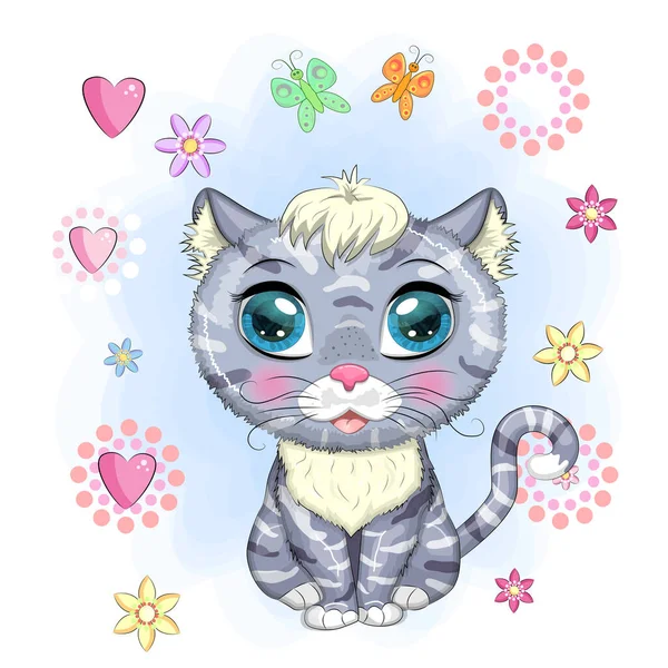 Kočičí Chlapec Šedé Skvrnité Krásnýma Očima Mezi Květinami Balónky Kresleném — Stockový vektor