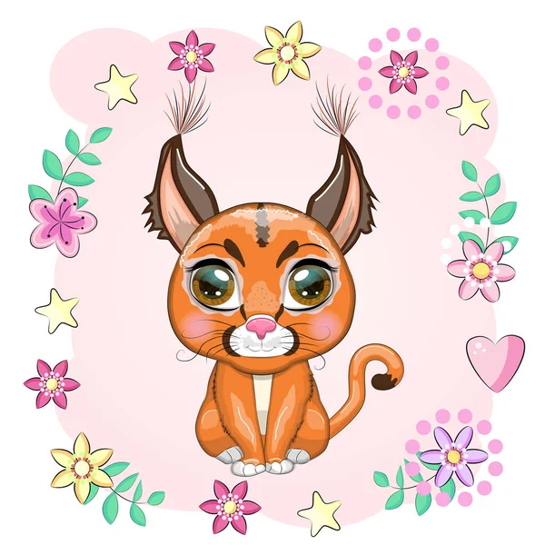 Linho Estepe Caracal Com Belos Olhos Estilo Cartoon Ilustração Colorida — Vetor de Stock