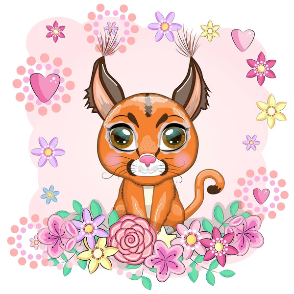 Lince Steppa Caracal Con Bellissimi Occhi Stile Cartone Animato Illustrazione — Vettoriale Stock