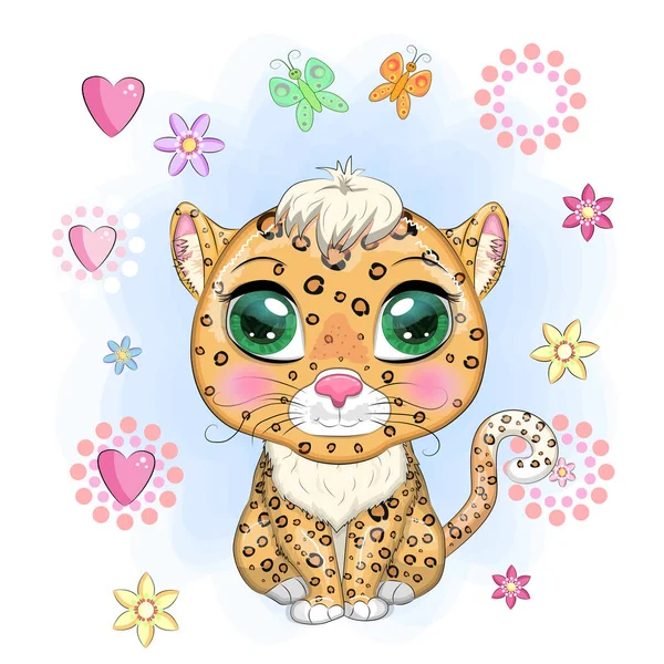 Leopard Krásnýma Očima Kresleném Stylu Barevná Ilustrace Pro Děti Leopardí — Stockový vektor
