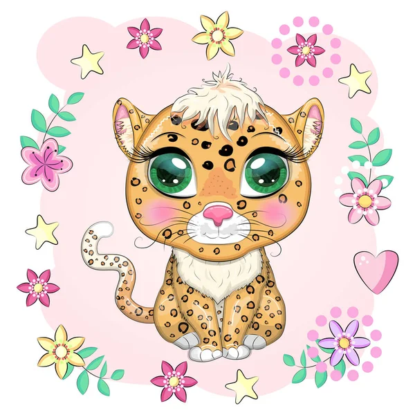Leopard Krásnýma Očima Kresleném Stylu Barevná Ilustrace Pro Děti Leopardí — Stockový vektor