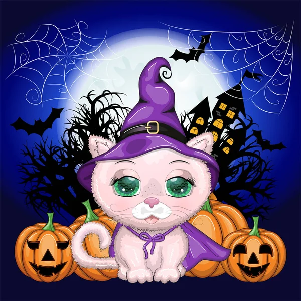 Cartoon Cat Wearing Purple Witch Hat Cloak Broom Potion Pumpkin — Stock Vector