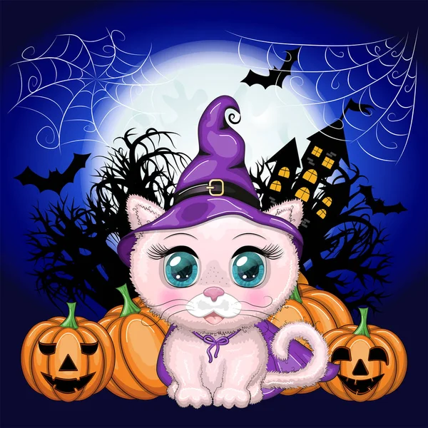 Cartoon Cat Wearing Purple Witch Hat Cloak Broom Potion Pumpkin — Stock Vector
