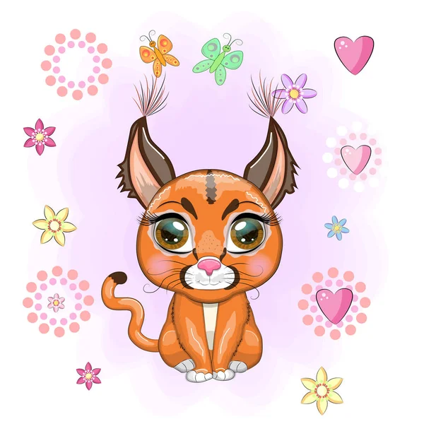 Caracal Steppe Lynx Beautiful Eyes Cartoon Style Colorful Illustration Children — Stock Vector