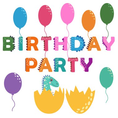 Dino partisi. Dino 'nun doğum günü. Dinozor harfleri. Çocuklar için parlak modern illüstrasyon, bebek odası, poster, kart, doğum günü partisi, ambalaj kağıdı tasarımı