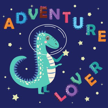 Aşk Macerası harfleriyle çizilmiş sevimli bir dinozor eli. Dino düz karakter, çocuk oyunu, kitap, tişört, pankart, karikatür çizimi