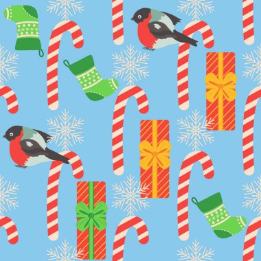 Noel desensiz şeker kamışı, hediye, çorap, ispinoz kuşu. Noel ambalaj kağıdı.