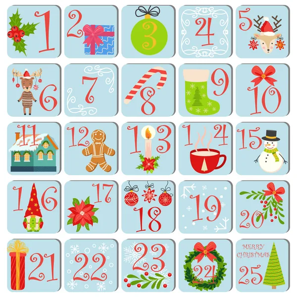 Kalendarz Odliczania Bożego Narodzenia Postaciami Kreskówek Symbolami Plakat Świąteczny Elementy — Wektor stockowy