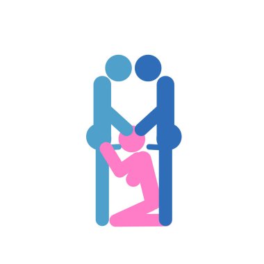 Üçlü seksin çizgi film pozu. Erotik tutku konsepti düz tasarım. Kamasutra, sevişmek için şematik pozisyonlar. Mavi ve pembe, biseksüel, erkekler ve kadınlar birbirini sever.
