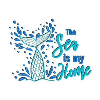 El çizimi deniz elemanları ve harfleri olan deniz kızı kartı. Deniz kabukları, kalpler ve incilerle kaligrafi yaz alıntısı