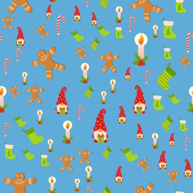 Gnome, zencefilli kek, mum, çorap, baston şekerli kusursuz Noel deseni. Kağıt kaplama dekorasyonu