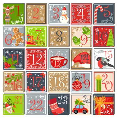 Çizgi film karakterleri ve sembollerle Noel 'e geri sayım takvimi. Noel posteri. Kış Tatili Tasarım Elementleri.