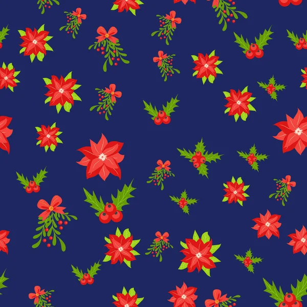 无缝隙图案 手绘一品红花 花分枝和浆果 圣诞节花 包装纸 织物的重复背景 — 图库矢量图片