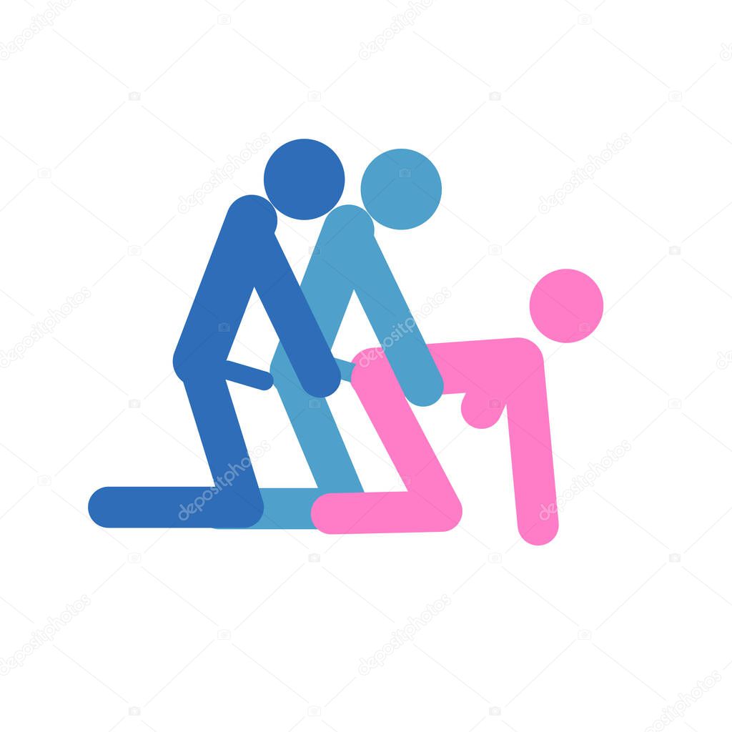 Cartoon pose of threesome sex. Erotic style passion concept flat design. Kamasutra, schematic positions for making love. Blue and pink, bisexual, men and women love each other