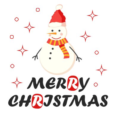 Tatlı Kardan Adam 'ın tebrik kartı. Kış tatili için kart. Noel ve Mutlu Yıllar illüstrasyonları. Moda tasarım şablonu.