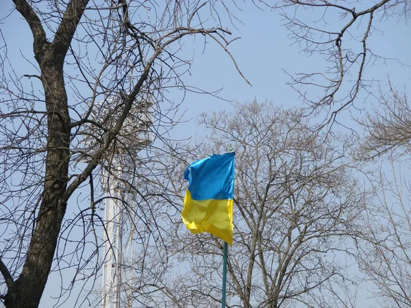 Ukraina Flagga Silke Viftande Flagga Ukraina Gjorde Transparent Tyg Guld — Stockfoto