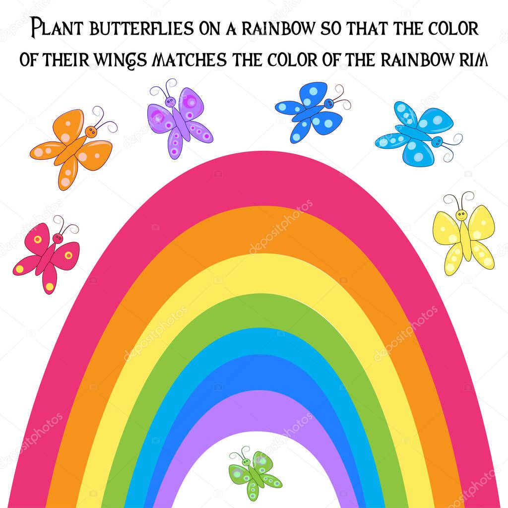 Children's educational game for the little ones to find the match of colors, butterflies and rainbow