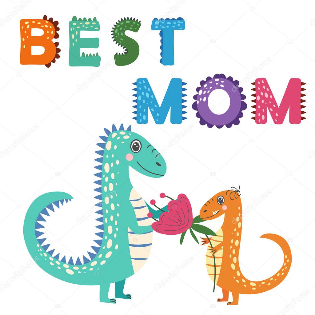 I love my mom. cartoon dinosaurs, hand drawing lettering, decoration elements. Colorful flat style illustration. design for cards, prints, posters, cover