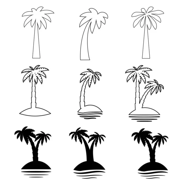 Установить Тропические Пальмы Листьями Зрелые Молодые Растения Черные Силуэты Изолированы — стоковый вектор