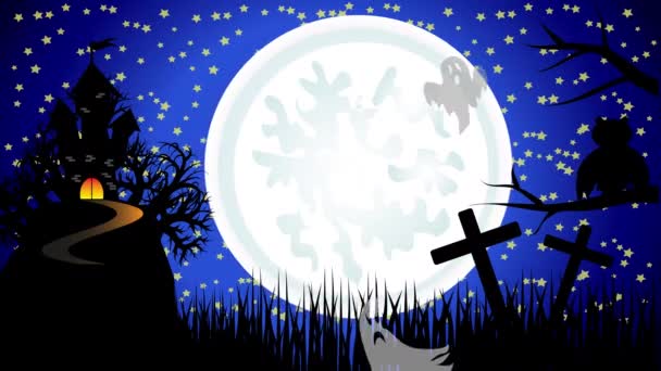 Halloween Spooky Dark Background - Hexe fliegt über den Mond und Geisterhaus mit Gespenstern — Stockvideo