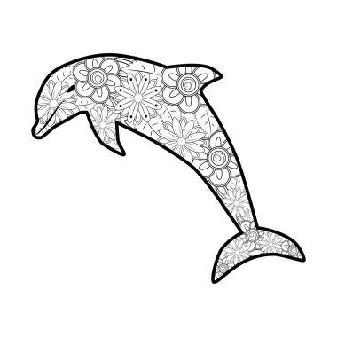 El çizimi zendogru yunus çizimi. Dekoratif soyut karalama tasarımı ögesi. Yetişkinler için boyama kitabı