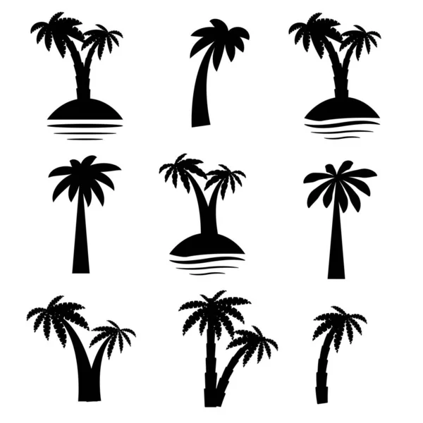 Zestaw Tropikalnych Palm Liści Dojrzałych Młodych Roślin Czarne Sylwetki Białym — Wektor stockowy