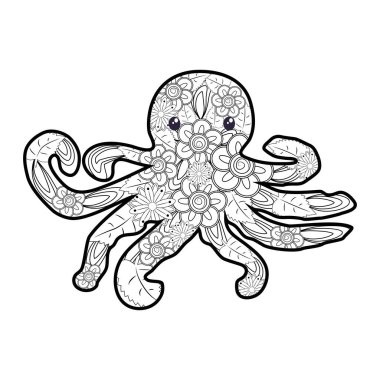 El çizimi zentangle ahtapot çizimi. Dekoratif soyut karalama tasarımı ögesi. Yetişkinler için boyama kitabı