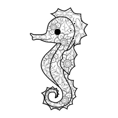 Elle çizilmiş zentangle deniz atı çizimi. Dekoratif soyut karalama tasarımı ögesi. Yetişkinler için boyama kitabı