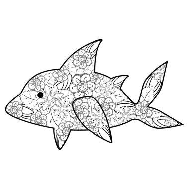 El çizimi zencefil köpekbalığı çizimi. Dekoratif soyut karalama tasarımı ögesi. Yetişkinler için boyama kitabı