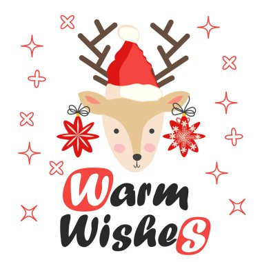 Boynuzlarında Noel yıldızları ve Noel Baba şapkası olan ren geyiği. İçinde geyik ve mektuplar olan bir Noel kartı. Tatlı kış posteri, Noel kartı, afiş, çıkartma, hediye etiketi.