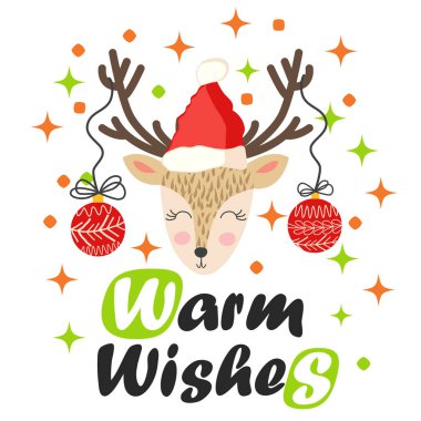 Boynuzlarında Noel topları ve Noel Baba şapkası olan ren geyiği. İçinde geyik ve mektuplar olan bir Noel kartı. Tatlı kış posteri, Noel kartı, afiş, çıkartma, hediye etiketi.